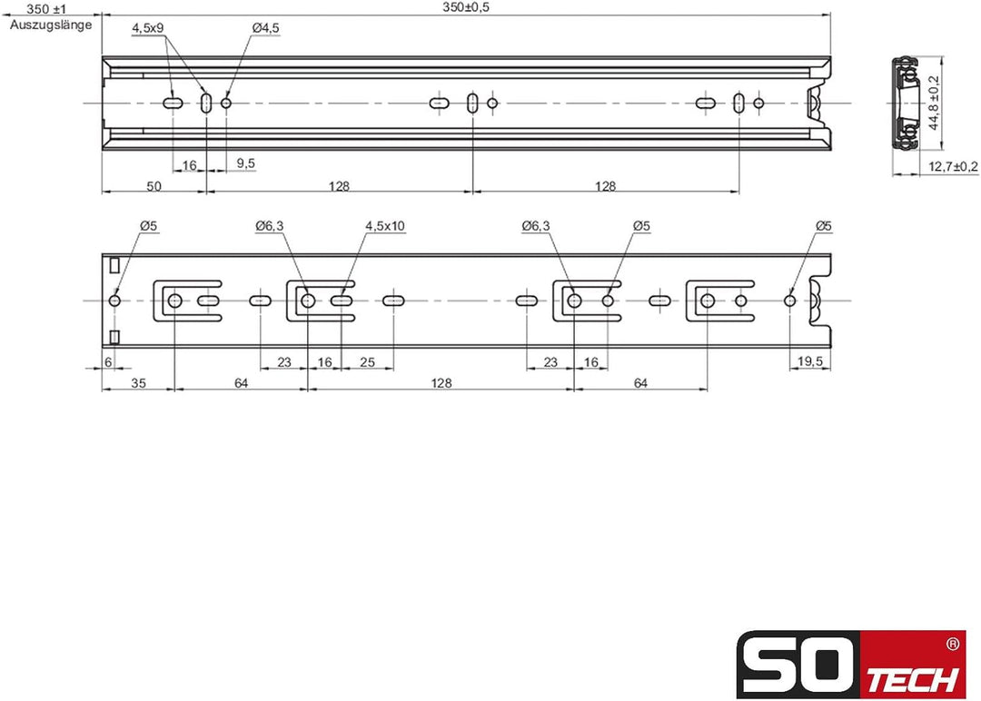 SOTECH 4 Paar (8 Stück) Vollauszüge KV1-45-H45-L350-NF 350 mm (eingeschoben) Schubladenauszug kugelg