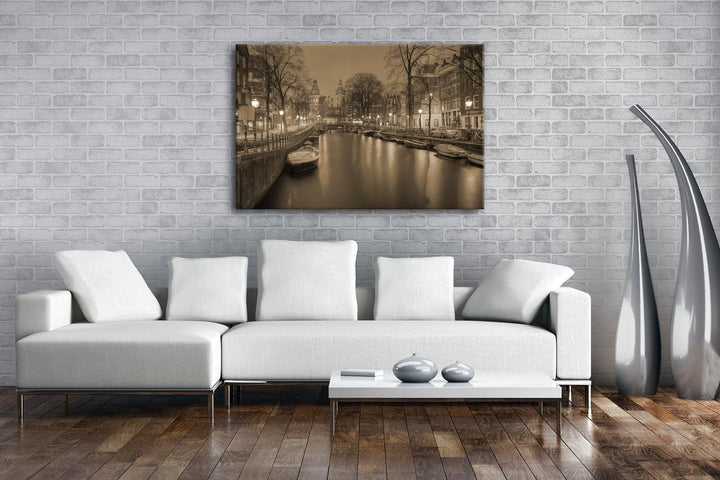 deyoli Kanal in Amsterdam bei Nacht Format: 60x40 Effekt: Sepia als Leinwandbild, Motiv fertig gerah