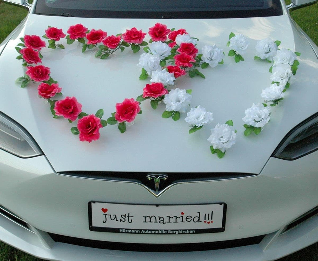 DOPPEL Herz Auto Schmuck Braut Paar Rose Deko Dekoration Autoschmuck Hochzeit Car Auto Wedding Deko