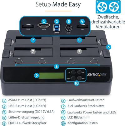 StarTech.com 4-Bay Festplatten Klonstation und Löscher, Selbständiger 1:3 SATA HDD/SSD Kloner/Kopier