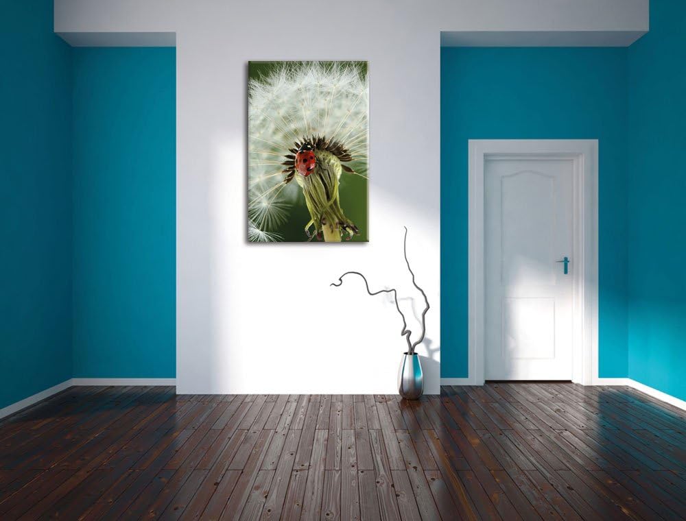Pixxprint Marienkäfer auf Pusteblume / 100x70cm Leinwandbild bespannt auf Holzrahmen/Wandbild Kunstd