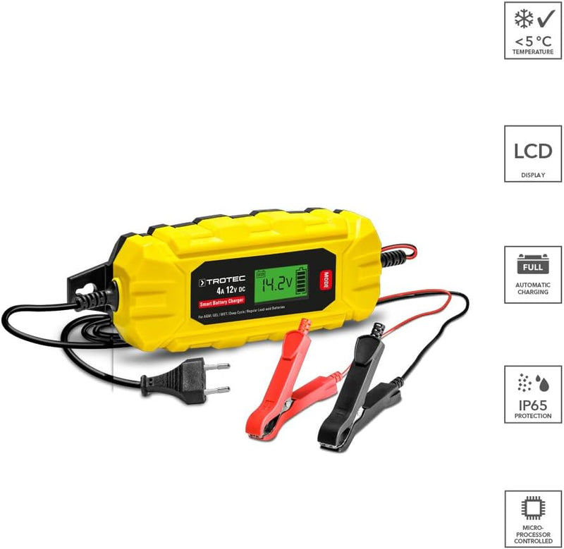 TROTEC Batterieladegerät PBCS 4A | Universal-Ladegerät, 12V-Auto-, Motorradbatterien, fahrbare Rasen