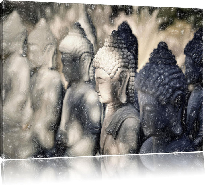 Pixxprint Meditierende Buddha-Statuen in Einer Reihe Kunst Buntstift Effekt, Format: 100x70 auf Lein