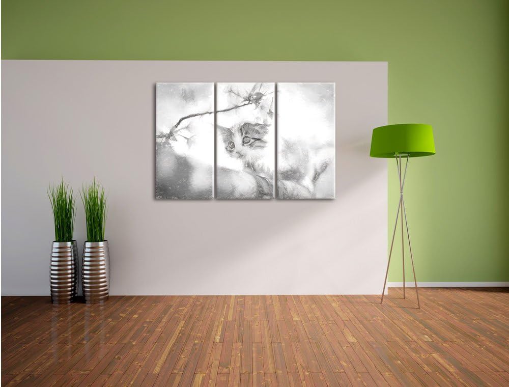 Pixxprint Süsses Kätzchen im Kirschbaum Kunst als Leinwandbild 3 teilig/Grösse: 3 Teilig (120x80) /