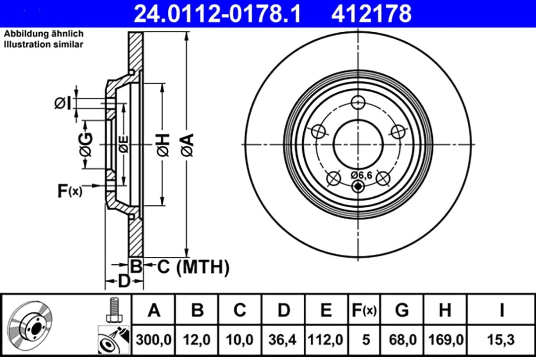 ATE Original Bremsscheibe - 2 Bremsscheiben - 24.0112-0178.1 - ECE-R90 Strassenzulassung