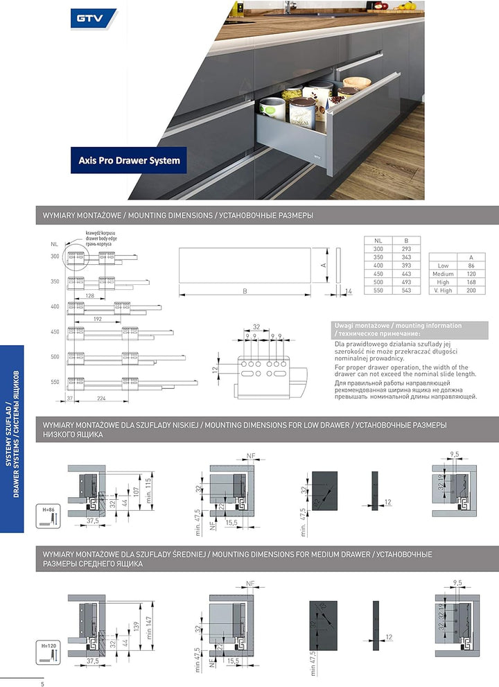 GTV Schubladensystem AXIS PRO I Schubkastengarnitur mit Vollauszug und integriete Dämpfung I Anthraz