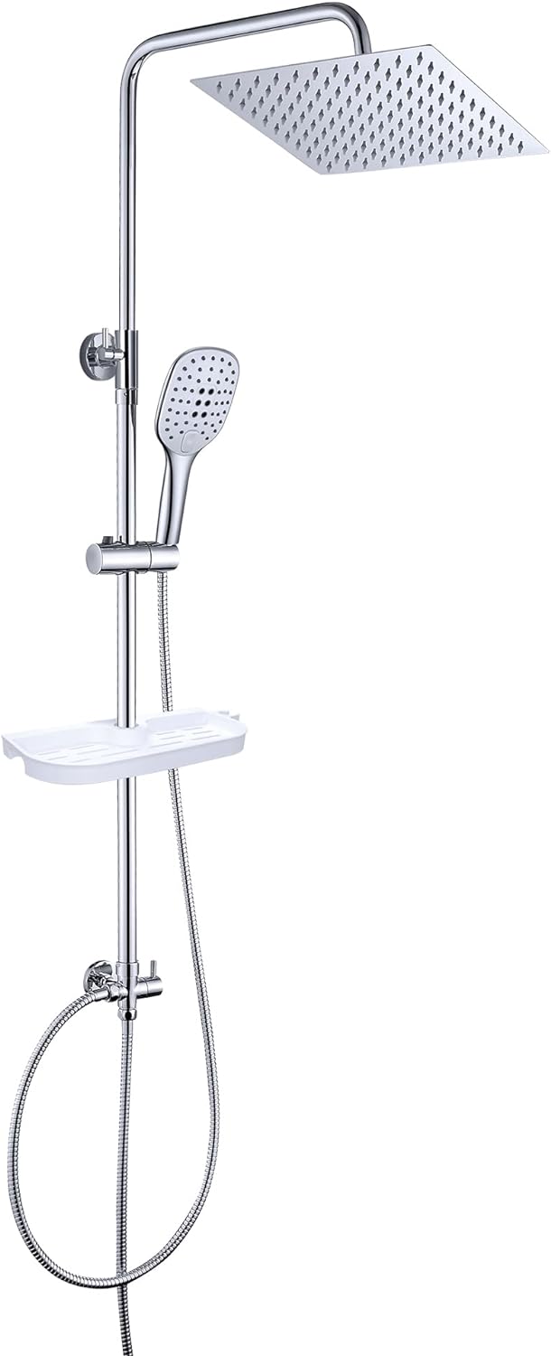 JOHO Edelstahl Regendusche Duschsystem Duschset Duschstange mit Ablage Chrom(Kopfbrause 25x25cm) 252