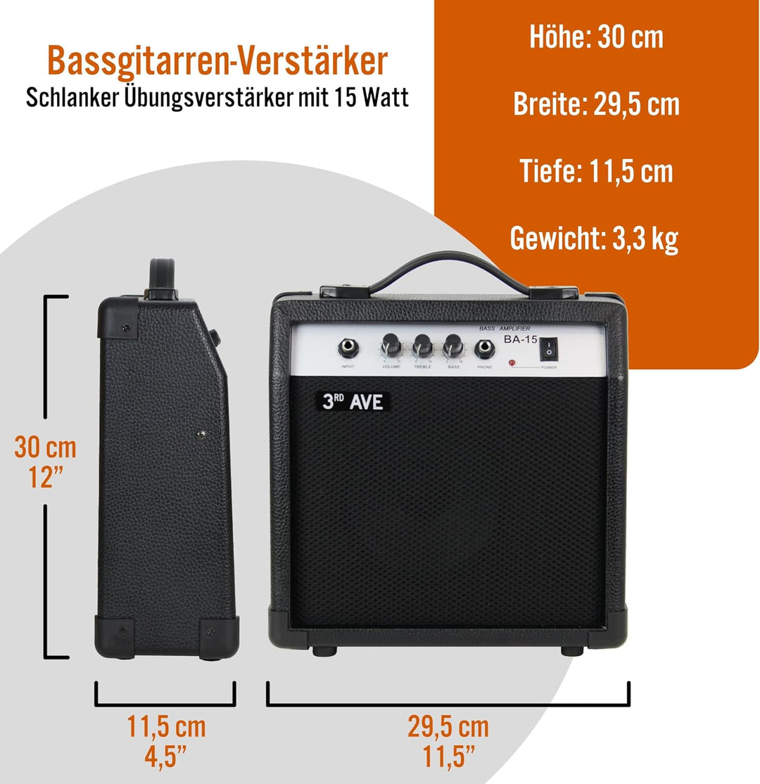 3rd Avenue Slimline Bassgitarren-Verstärker 15 W mit robustem gummiertem Gehäuse, Kopfhörer-Ausgang