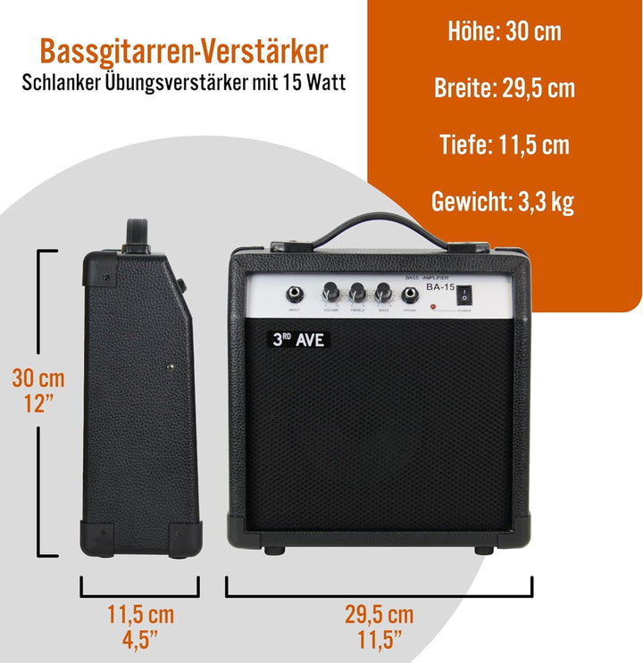 3rd Avenue Slimline Bassgitarren-Verstärker 15 W mit robustem gummiertem Gehäuse, Kopfhörer-Ausgang