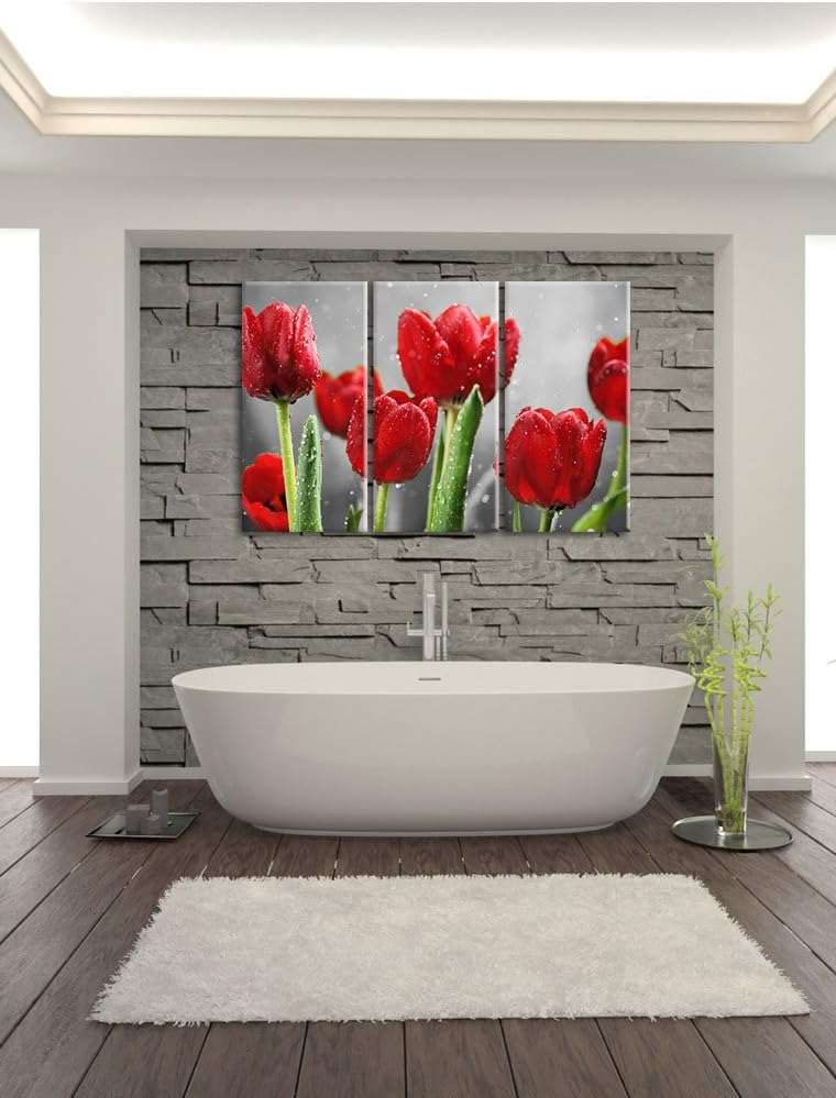 Pixxprint Rote Tulpen mit Tropfen bedeckt als Leinwandbild/Grösse: 3 Teilig (120x80) cm/Wandbild/Kun