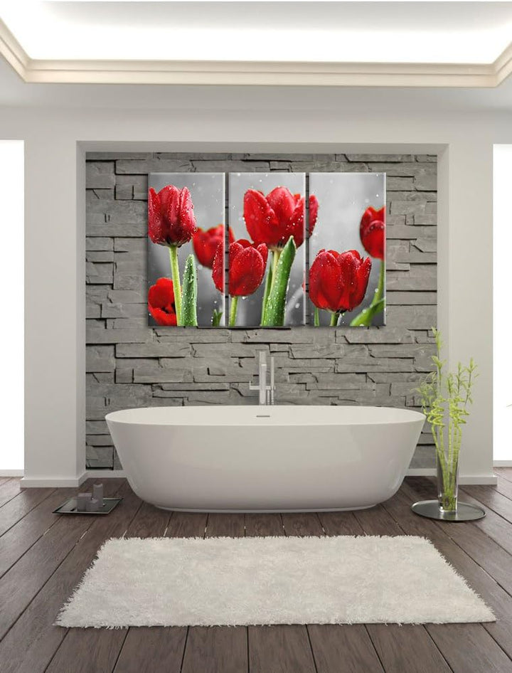 Pixxprint Rote Tulpen mit Tropfen bedeckt als Leinwandbild/Grösse: 3 Teilig (120x80) cm/Wandbild/Kun