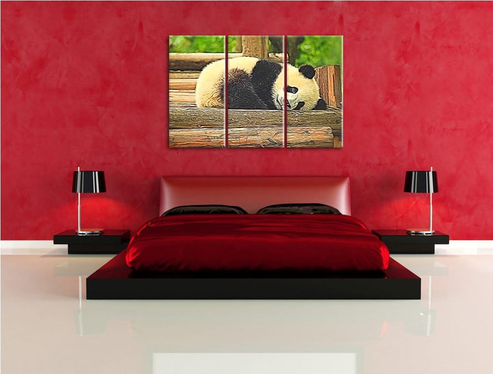 süsser kleiner Pandabär NewArt 3-Teiler Leinwandbild 120x80 Bild auf Leinwand, XXL riesige Bilder fe