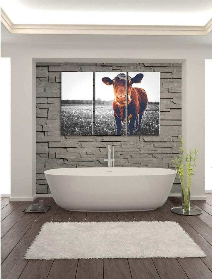 Pixxprint Kuh auf Butterblumenwiese als Leinwandbild/Grösse: 3 Teilig (120x80 cm) cm/Wandbild/Kunstd