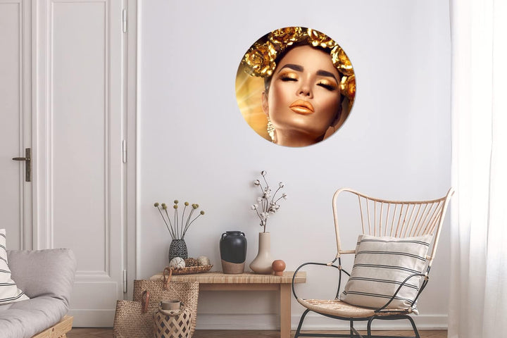MuchoWow Wandbild Rund Wanddeko Deko Wohnzimmer Bilder 60x60 cm Frau - Rosen - Gold, 60x60 cm