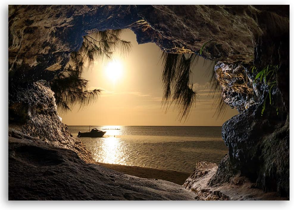 Feeby Wandbild Höhle ausblick Druckbild Leinwandbild Meer Orange 90x60 cm Leinwandbild 90x60 cm Oran