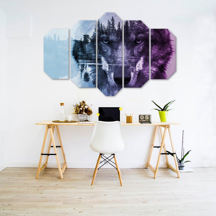 Wandbild XXL 5 tlg Natur Deko Kunst Bild Wolf Violett 200x100 cm Deko Paneel 200x100 cm Violett_A, D