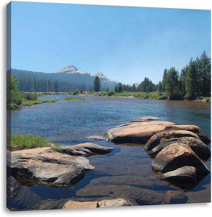 Pixxprint Fluss in Yosemite National Park als Leinwandbild Quadratisch/Grösse: 70x70 / Wandbild/Kuns