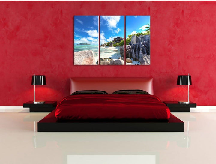 Pixxprint Seychellen Strand als Leinwandbild | Grösse: 3 Teilig (120x80) | Wandbild| Kunstdruck | fe