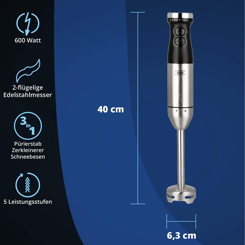 KHG Stabmixer Set Edelstahl 600 Watt | 3 in 1 Multifunktion Pürierstab- Zerkleinerer, Schneebesen, 7