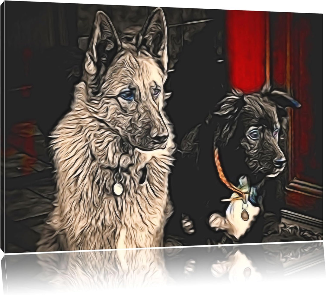 zwei Hunde auf dem Teppich Deluxe Format: 100x70 cm auf Leinwand, XXL riesige Bilder fertig gerahmt