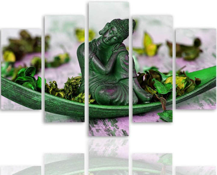 Feeby Bild auf Leinwand Buddha 5 Teilig Modern Blumen Blätter Meditation grün 150x100 cm Leinwandbil