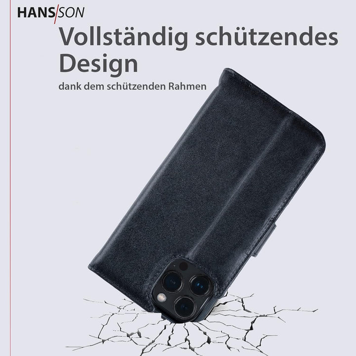 HANS/SON Hülle aus Echtleder mit Kartenfächern | iPhone 12 Pro Max Klapphülle in Schwarz | Geldbeute