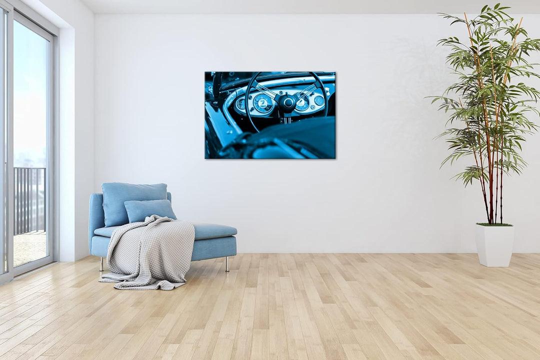 deyoli Roter Cabrio Oldtimer Format 80x60 Effekt: Monocrome Blau als Leinwandbild, Motiv fertig gera