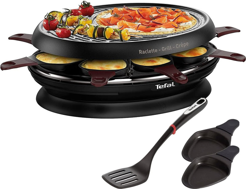 Tefal Elektrischer Raclette, Grill und Crepes maker 3in1 1050W + Ingenio Pfannenwender|8 Pfännchen,