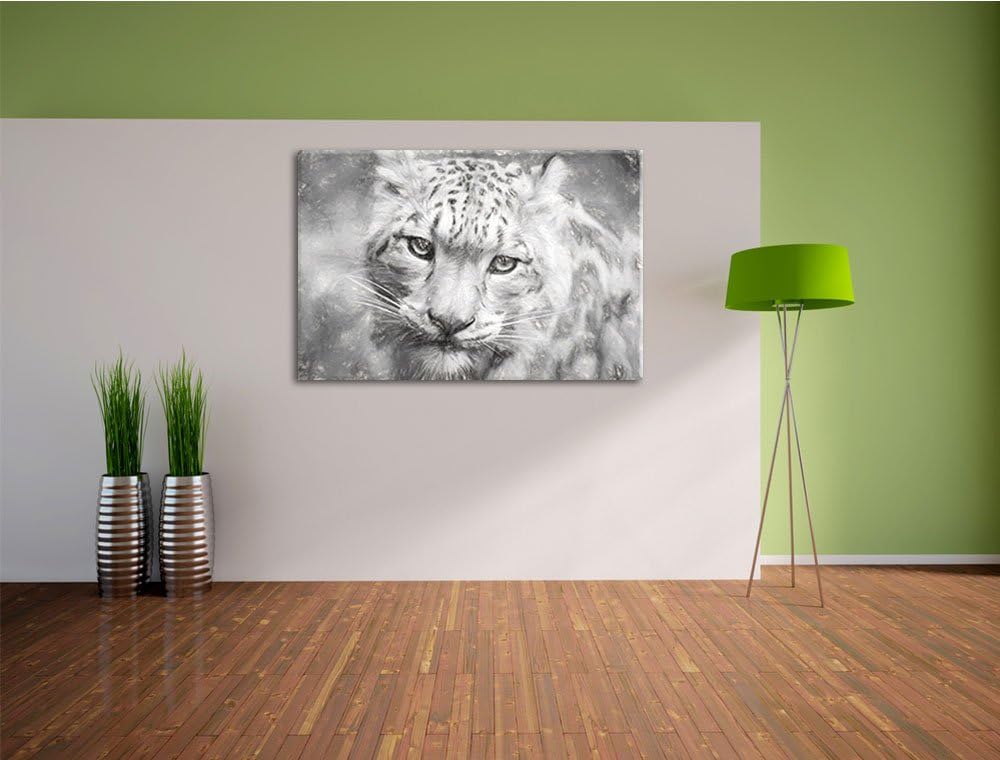 eleganter Schneeleopard schwarz/weiss Deluxe Format: 100x70 cm auf Leinwand, XXL riesige Bilder fert