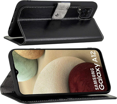 Suncase Book-Style Hülle kompatibel mit Samsung Galaxy A12 Leder Tasche (Slim-Fit) Lederhülle Handyt