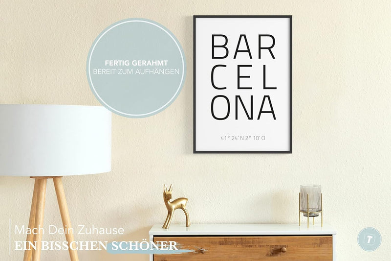 Papierschmiede® Geo Poster Koordinaten Barcelona, A3 Gerahmt im Holzrahmen (schwarz), Stadt Bild als