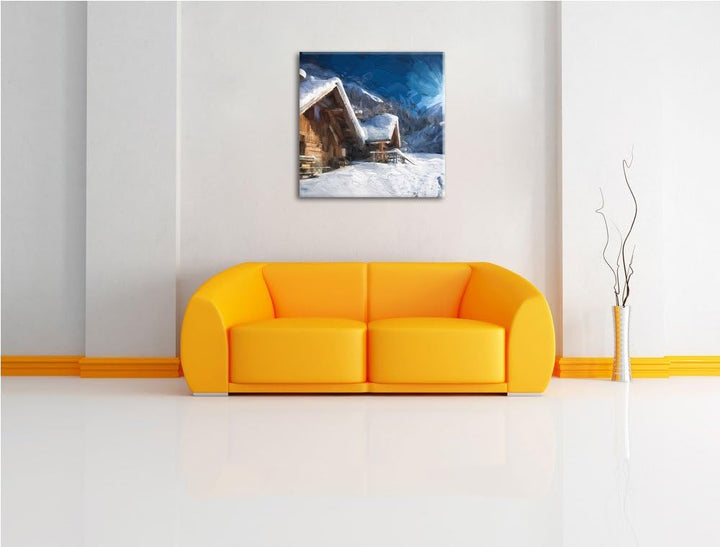 Pixxprint Verschneite Hütten in winterlicher Alpenlandschaft, Format: 70x70 auf Leinwand, 70x70