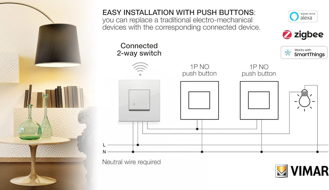 VIMAR 0K19592.01 Arké Smart 2-Wege-Schalter funktioniert mit Alexa, Kit Plug & Play für Gerät im Zig