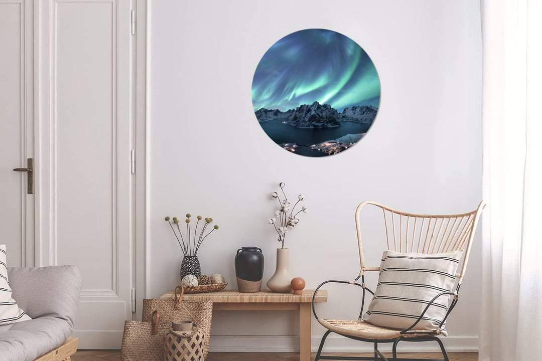 MuchoWow Wandbild Rund Wanddeko Deko Wohnzimmer Bilder 60x60 cm Nordlichter - Grün - Meer, 60x60 cm