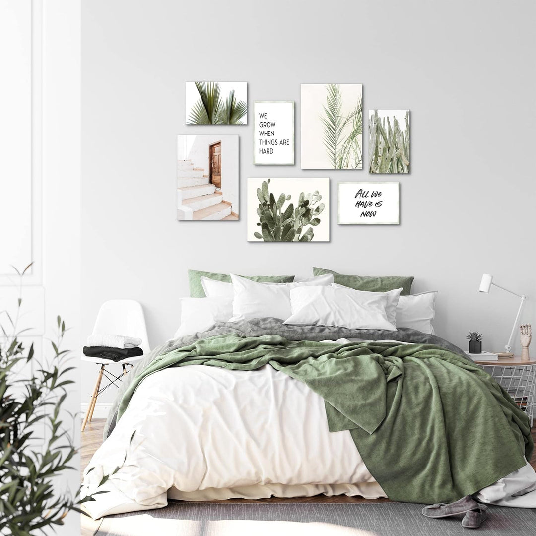 Novart Wandbilder Grüne Blätter - KOMPLETT AUFHÄNGFERTIG - Zitate Home Wohnzimmer Schlafzimmer- 7 Mo