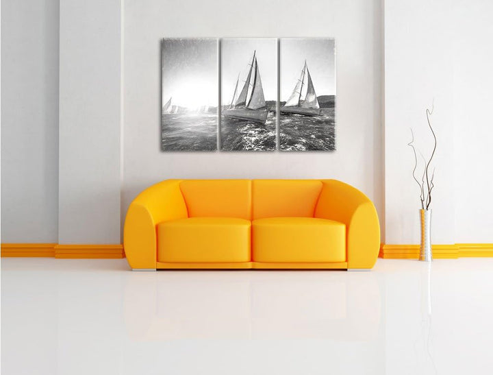 Pixxprint Luxusyachten bei Segelregatta Kunst Kohle Effekt 3-Teiler Leinwandbild 120x80 Bild auf Lei
