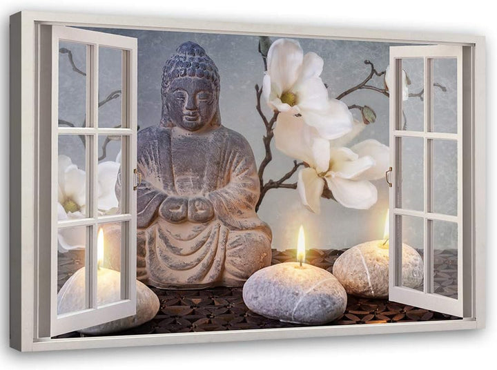 Feeby Viles - Leinwand Bilder - Fensterblick Natur- 120x80 cm- Deko Wohnzimmer - Wandbilder Schlafzi