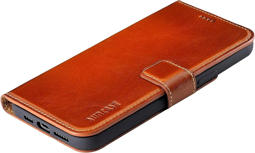 Suncase Book-Style Hülle kompatibel mit iPhone 12 (6.1") Leder Tasche (Slim-Fit) Lederhülle Handytas