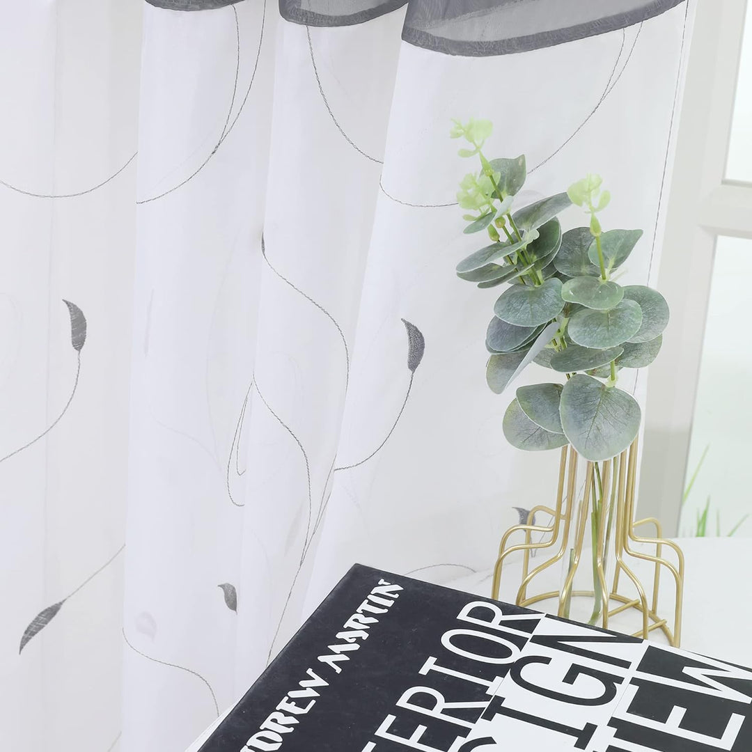 ESLIR Gardinen mit Ösen Vorhänge Transparent Wohnzimmer Ösenschal Modern Bestickt Voile Grau BxH BxH