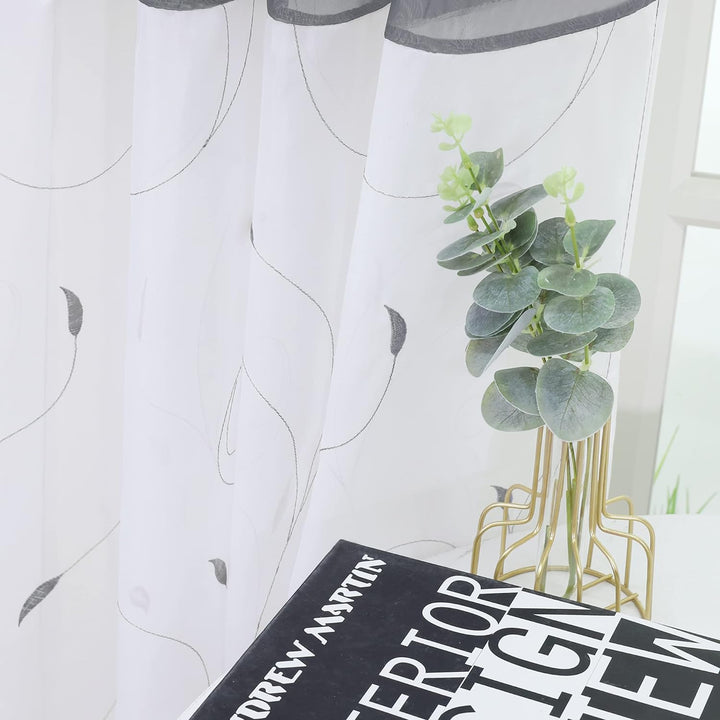 ESLIR Gardinen mit Ösen Vorhänge Transparent Wohnzimmer Ösenschal Modern Bestickt Voile Grau BxH BxH