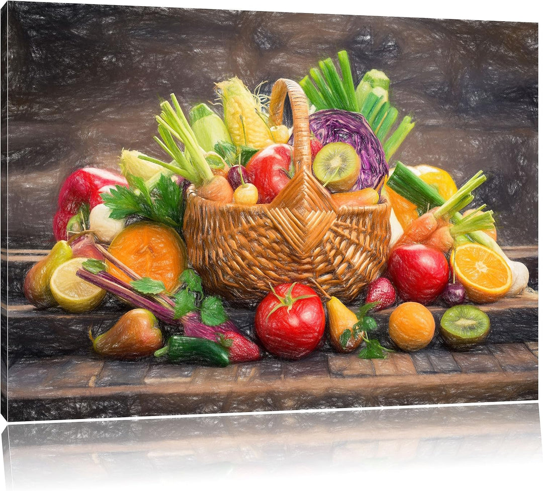 Pixxprint Frisches Obst und Gemüse im Korb Kunst Buntstift Effekt, Format: 100x70 auf Leinwand, 100x