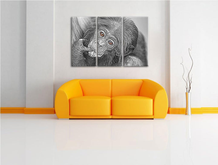 süsses Orang-Utan-Junges schwarz/weiss Deluxe 3-Teiler Leinwandbild 120x80 Bild auf Leinwand, XXL ri