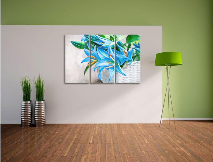 Pixxprint schöne Blaue Blumen im Körbchen als Leinwandbild/Grösse: 3 Teilig (120x80 cm) cm/Wandbild/