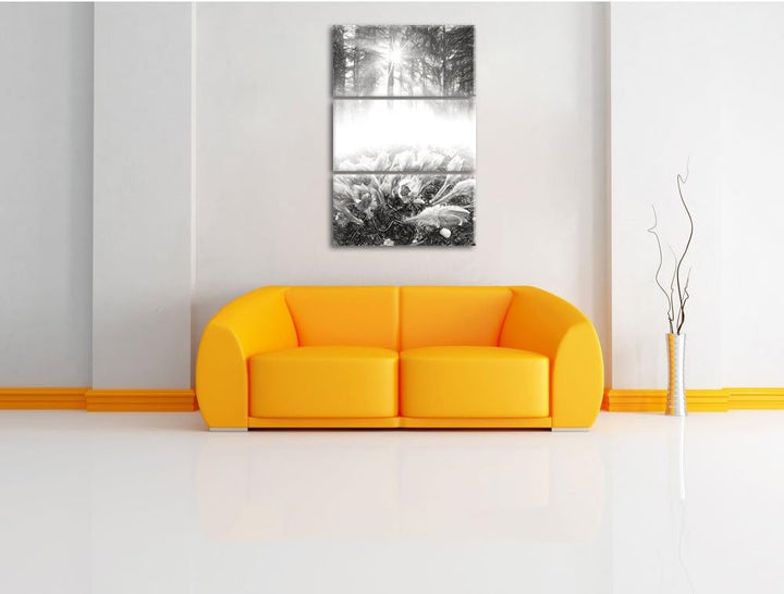 Pixxprint blühende lila Blumen im Wald Kunst Kohle Effekt 3-Teiler Leinwandbild 120x80 Bild auf Lein