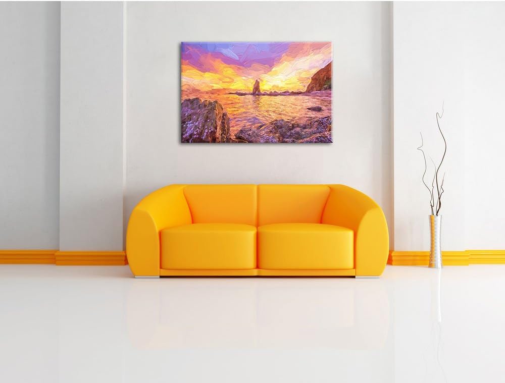 Pixxprint Küstenlinie mit schönen Sonnenuntergang Kunst Pinsel Effekt, Format: 100x70 auf Leinwand,