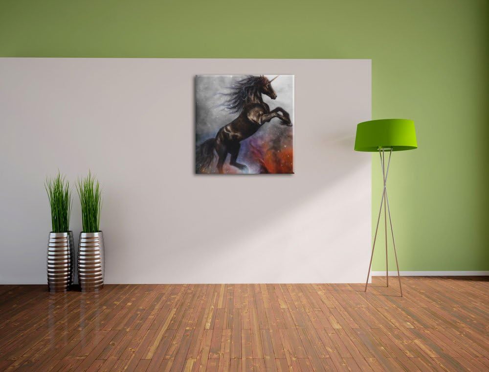 Pixxprint Traumhaftes schwarzes Einhorn Schwarz/Weiss, Format: 70x70 auf Leinwand, 70x70