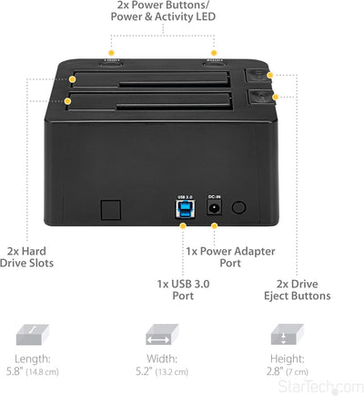 StarTech.com 2-fach USB 3.0 Festplatten Dockingstation mit UASP für 2,5/3,5 Zoll SSD / HDD, Serial-A