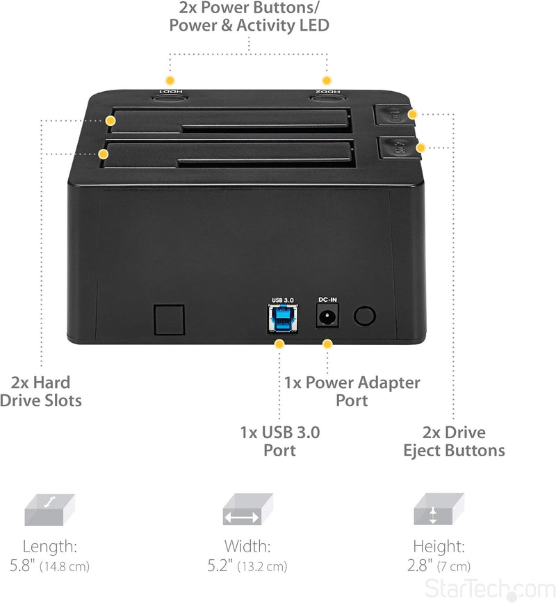 StarTech.com 2-fach USB 3.0 Festplatten Dockingstation mit UASP für 2,5/3,5 Zoll SSD / HDD, Serial-A