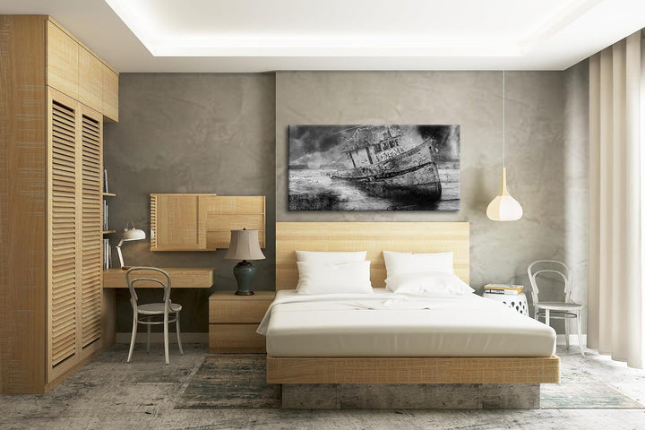 Stürmische Schiffsfahrt Panorama 80x40 cm Effekt: Schwarz/Weiss als Leinwandbild, Motiv fertig gerah
