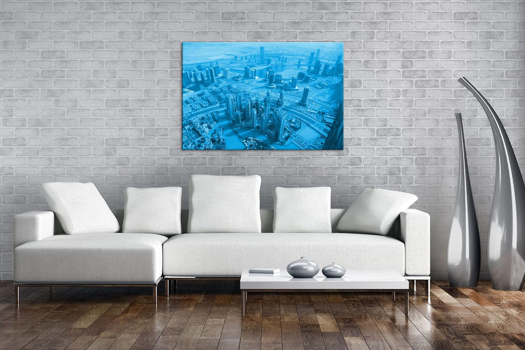 deyoli Skyline von Dubai Format 80x60 Effekt: Monocrome Blau als Leinwandbild, Motiv fertig gerahmt